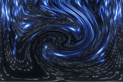 蓝色矩阵数字背景。扭曲的网络空间的概念。人物落入虫洞。入侵矩阵。虚拟现实设计。复杂的算法数据黑客。青