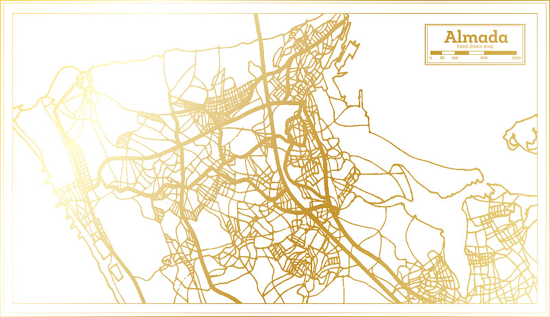 阿尔玛达葡萄牙城市地图在复古风格在金色。略图。