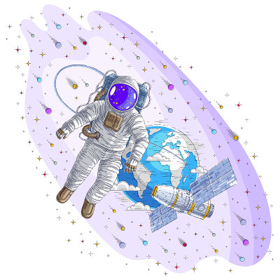 宇航员进入开放的空间，在背景中与空间站和地球行星相连，宇航员漂浮在失重状态下，国际空间站的航天器，小