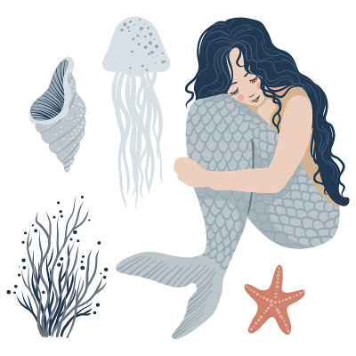 海洋的插图。坐在美人鱼和孤立的物体在白色的背景。向量