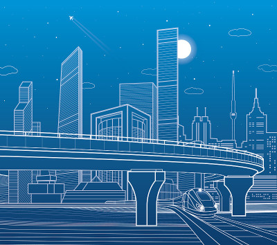 汽车公路，基础设施和交通场景，火车移动，夜城，塔和摩天大楼，飞机飞行，城市插图，矢量设计艺术