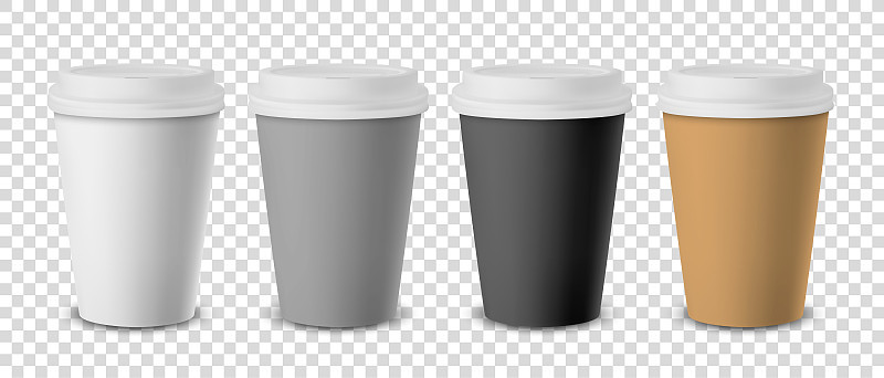 矢量3d现实的一次性关闭纸，塑料咖啡杯的饮料与白色盖子设置特写孤立在透明的背景。设计模板模型。前视图