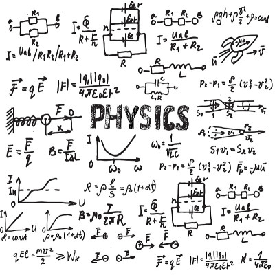 一张白纸上写满了物理和数学中的科学公式和计算。面向科教领域设计看台的矢量模型。涂鸦风格。