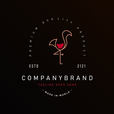 火烈鸟葡萄酒标识设计模板。餐厅使用最好的葡萄酒线艺术矢量