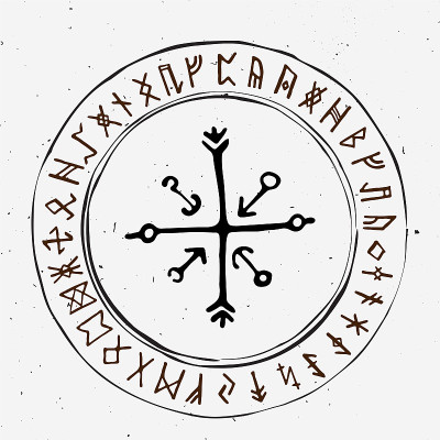 Futhark挪威群岛和维京符文设置。魔术手画符号作为脚本护身符。冰岛古代符文向量集。加尔德拉斯达菲