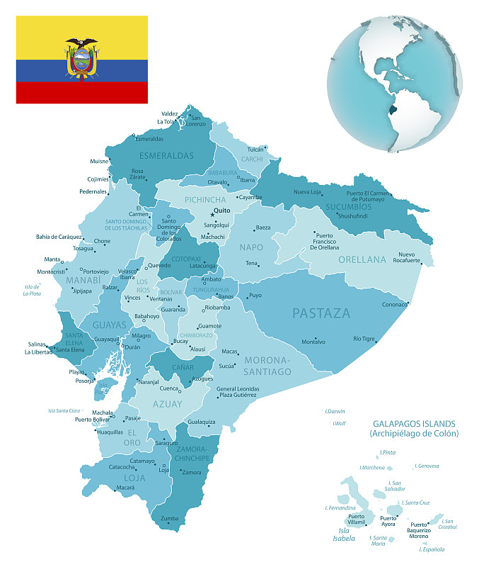 Ecuador administrative blue-green map with country