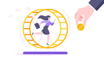 老鼠赛跑的商业理念，女商人在仓鼠轮中努力工作