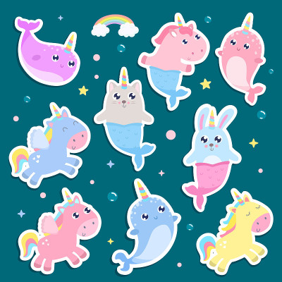 神奇的生物。独角鲸，独角兽美人鱼，兔子美人鱼，猫美人鱼飞马矢量插图