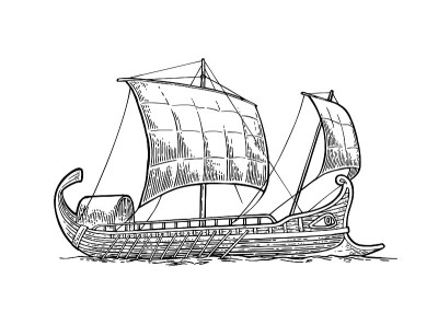 三桅帆船在海浪上漂浮。Intage矢量雕刻插图