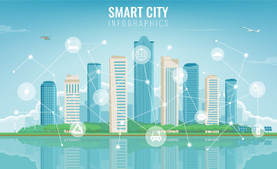 城市信息。具有信息图表元素的现代城市。智能城市。向量