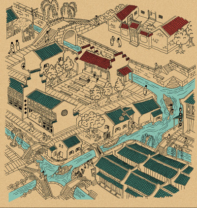 中国古代水乡的插图。