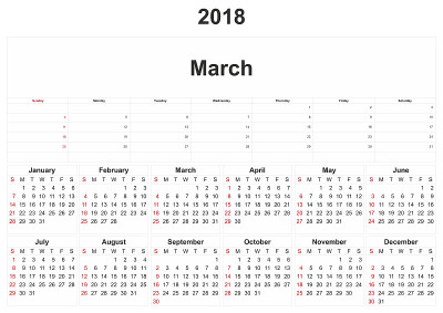 2018年白底月历。