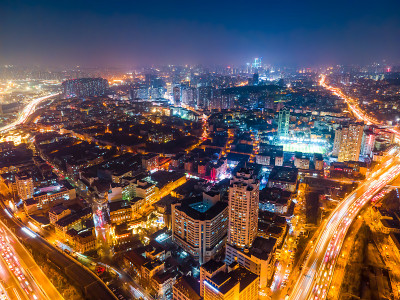 航拍青岛立交桥公路夜景