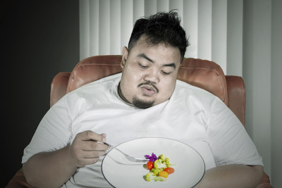 无聊的胖子坐在沙发上吃健康食品