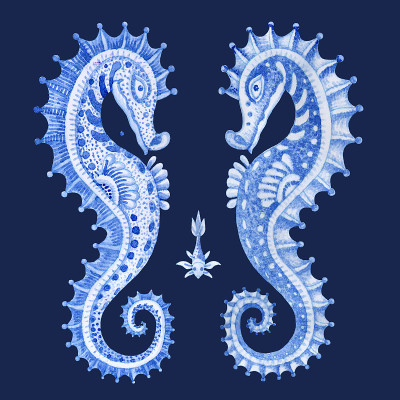 一套手绘童话海洋动物。水彩画幻想鱼和海马夫妇孤立在深蓝色的背景。蜡染，t恤印花，贺卡，婚礼请帖