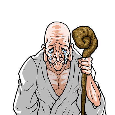穿着白色和服的老人拿着手杖