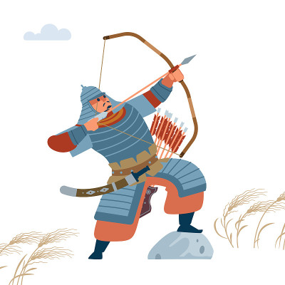 蒙古武士弓箭手。孤立矢量平面插图。