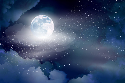 神奇的夜晚，深蓝色的天空，闪烁的星星和月亮