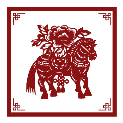 经典中国剪纸插画，卡通马，十二生肖