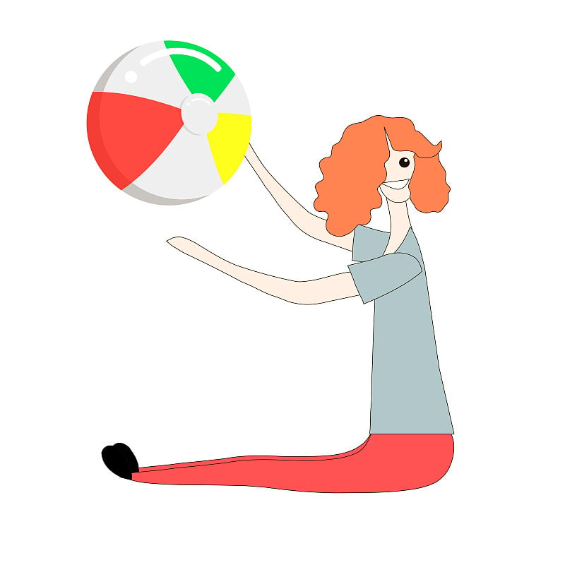 Girl sitting with beach ball. Grey and red sketch 