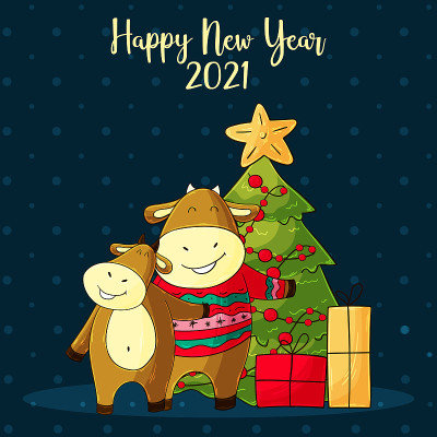 2021新年快乐儿童插画。中国新年牛年2021年