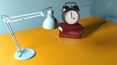 书桌与书籍，闹钟和现代灯- 3D渲染插图