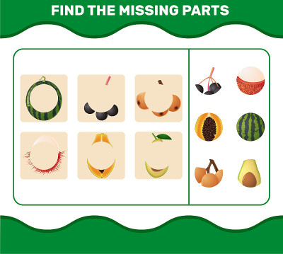 Find the missing parts of cartoon fruits. Searchin