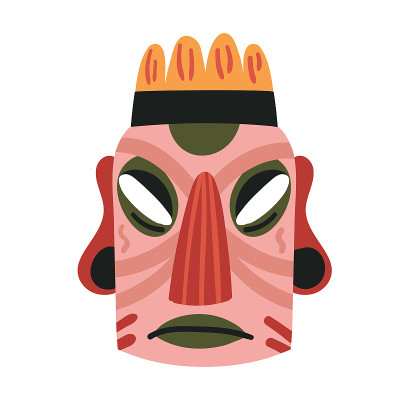Tiki pink mask, ethnic totem from tropical island,