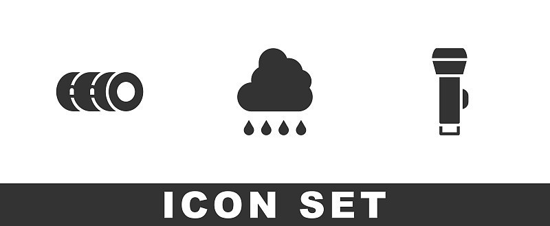 设置毛毯卷，带雨的云和手电筒图标。向量