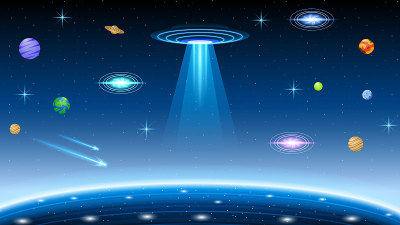 摘要外星人在飞碟在黑暗的空间行星背景梯度不明飞行物Ufo星星矢量设计风格