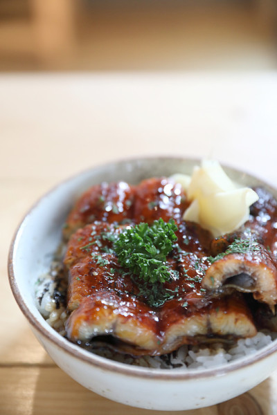 日本食物鳗鱼顿，烤鳗鱼在日本米饭上的木材背景