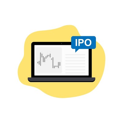 IPO图标。首次公开发行股票的公司。笔记本电脑图标与烛台图表在橙色的背景