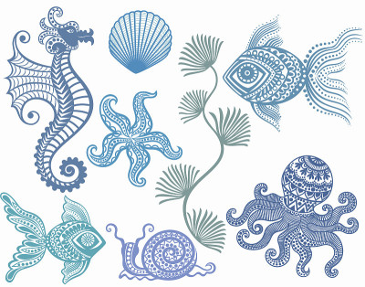 模式海洋居民。海星鱼章鱼海马贝壳蜗牛海