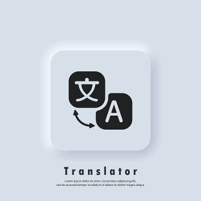 在线翻译app。翻译。语言翻译程序图标。翻译商标。在线翻译。多语言沟通。向量。Neumorphic 
