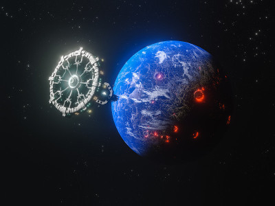 监视和研究太阳系外未知行星的卫星。美丽的抽象插图，行星在太空和闪亮的星星。有活火山的未知行星。库存图