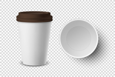 矢量3d现实一次性打开的纸，塑料咖啡杯的饮料图标设置特写孤立在透明的背景。设计模板模型。顶视图和前视