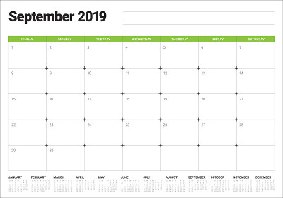 2019年9月台历矢量插图