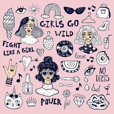 手绘女人图标素描集。女权主义装饰图标
