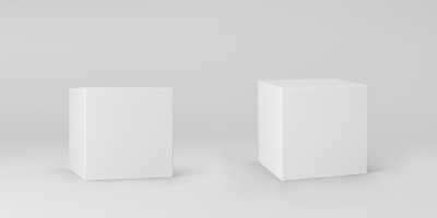 白色3d立方体集与透视孤立在灰色背景。3d建模盒与照明和阴影。现实的矢量图标
