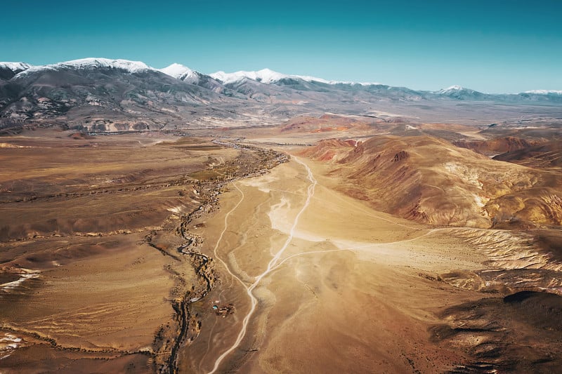 沙漠马萨山谷公路鸟瞰图。火星山脉异常，有黄色、橙色和红色