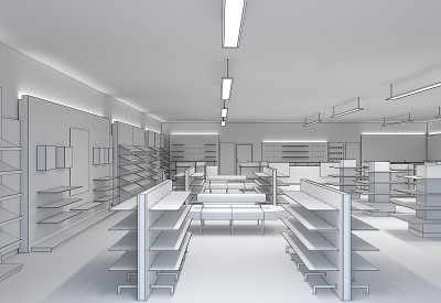 商店，商店，购物中心，室内可视化，3D插图