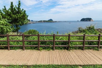 韩国济州岛，西浦，沿着海边有围栏的济州岛木板路