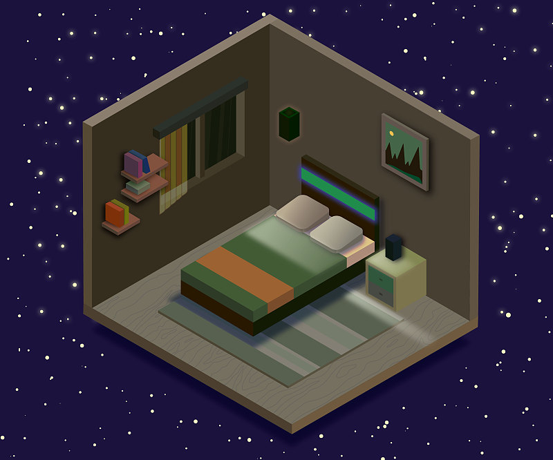 Isometric bedroom illustration. Vector flat illust