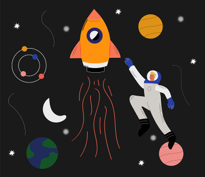 太空人与太空人的矢量创意模板。平面线条艺术风格设计为人类太空飞行贺卡、横幅、可爱设计