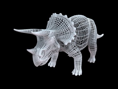 一个白色有线恐龙的3d渲染孤立在黑色上