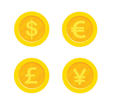 四种主要货币的一套金币。美元，欧元，英镑，日元