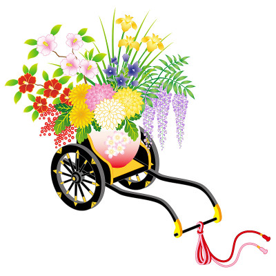 日本传统的车与花，孤立在白色的背景。