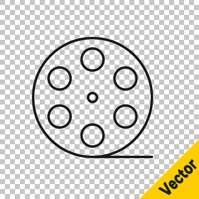 Black line Film reel icon isolated on transparent 