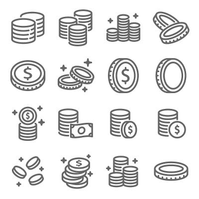 硬币矢量图标插图集。包含金钱，货币，利益，金融，投资，硬币堆栈，支付等图标。扩大中风