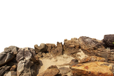 岩石山坡或顶部前景特写孤立在白色背景。元素为哑光绘画，复制空间。